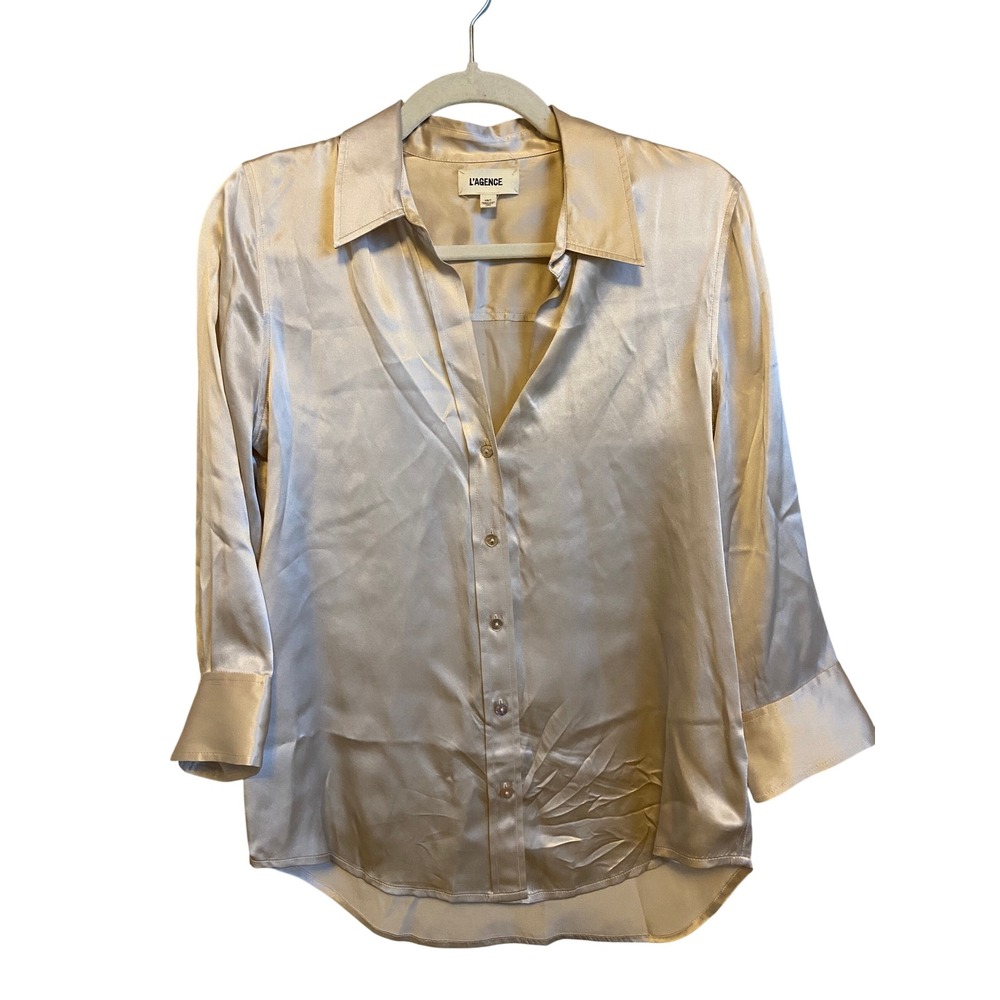 L'AGENCE Champagne 100% Silk Button Down Blouse Long Sleeve Size XS